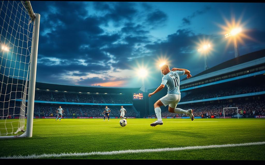 Striker shooting at goal under floodlights