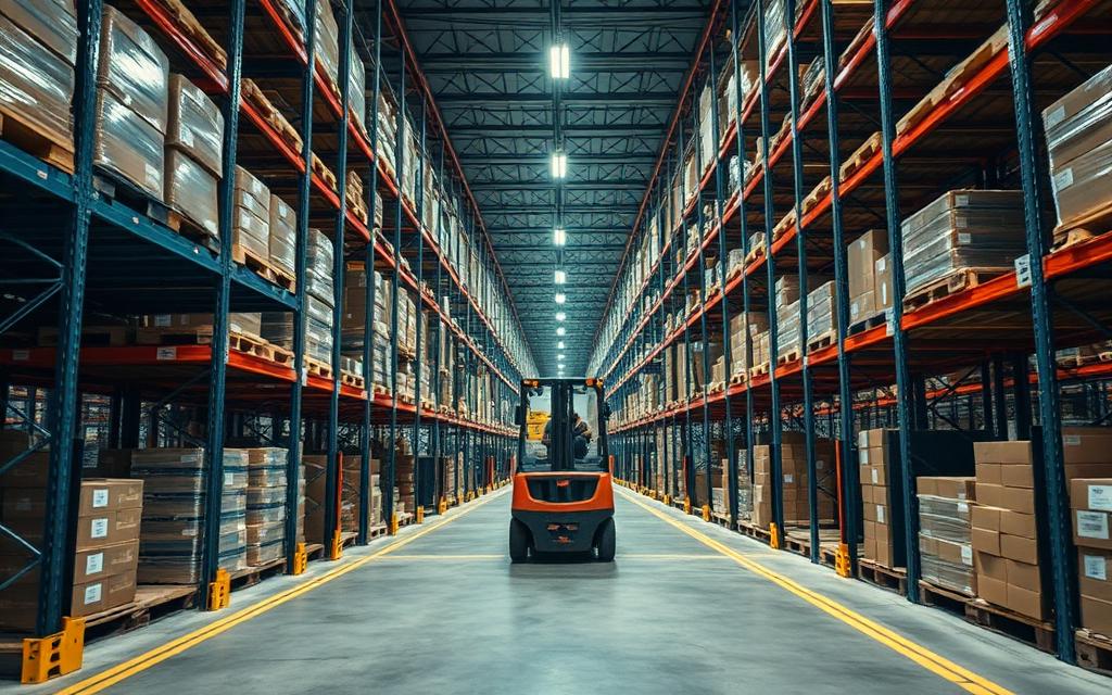 Forklift operating in a narrow warehouse aisle